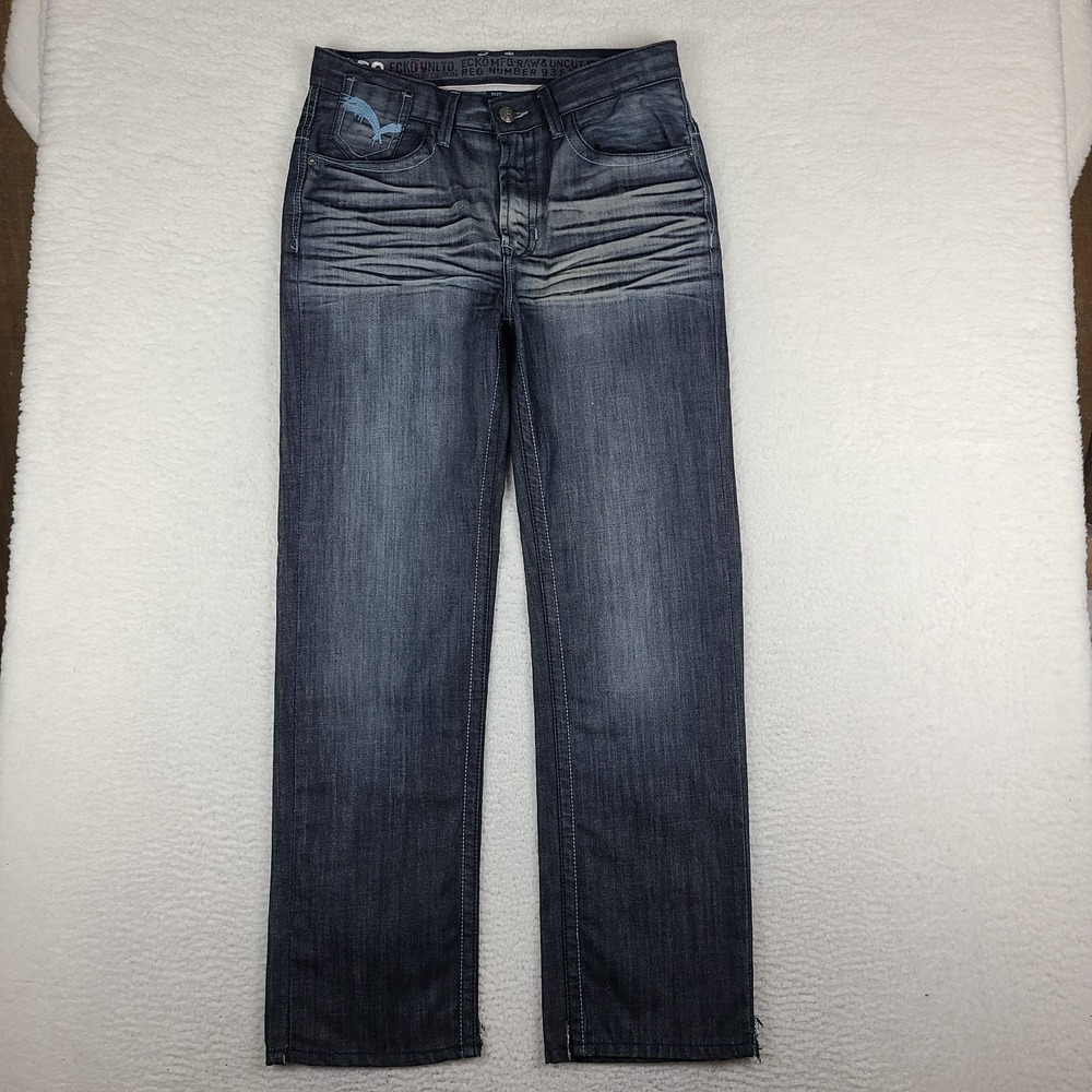 ECKO UNLTD Jeans Mens 34x33 Blue Relaxed Straight Uncut Raw‎ 93536 Denim *